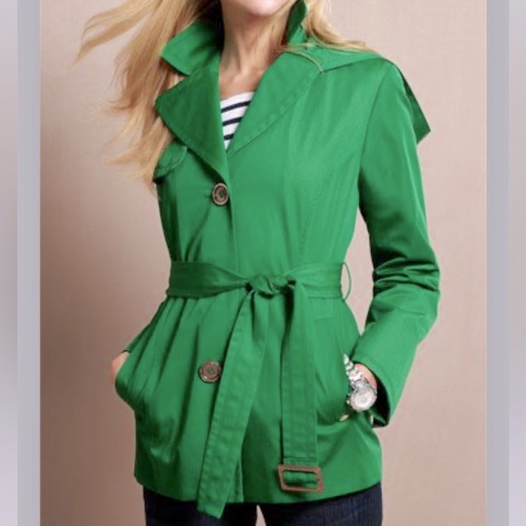 Ellen Tracy Vibrant Green Hooded Belted Trench Coat with Detachable Hood - Picture 1 of 14